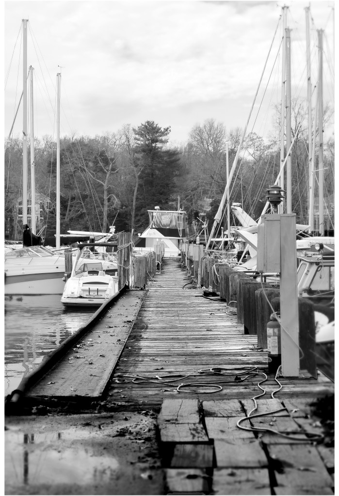 View of dock at boat yard with power boats and sail boats tied up and moored.